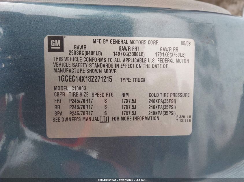 2008 Chevrolet Silverado 1500 Work Truck VIN: 1GCEC14X18Z271215 Lot: 43961241