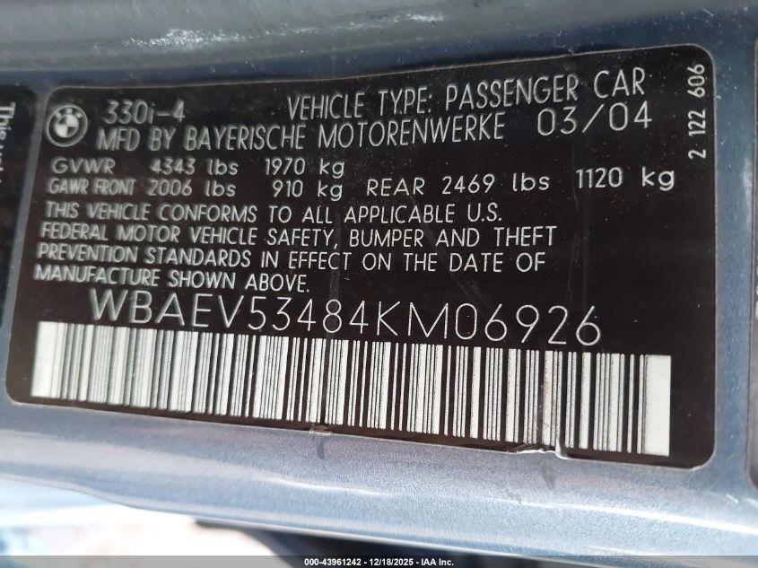 2004 BMW 330I VIN: WBAEV53484KM06926 Lot: 43961242