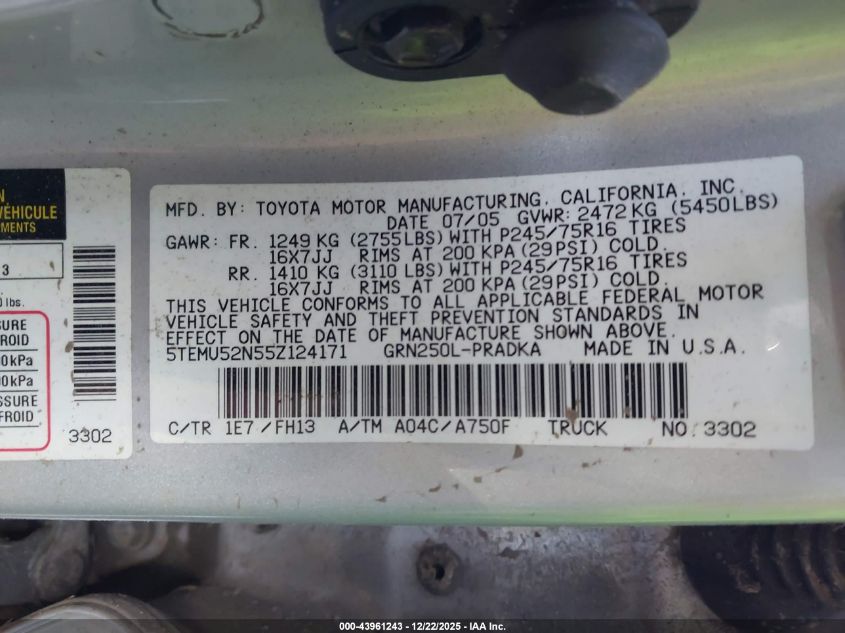 2005 Toyota Tacoma Base V6 VIN: 5TEMU52N55Z124171 Lot: 43961243