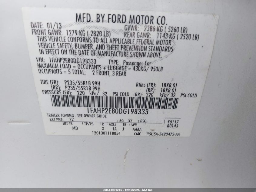 2013 Ford Taurus Sel VIN: 1FAHP2E80DG198333 Lot: 43961245