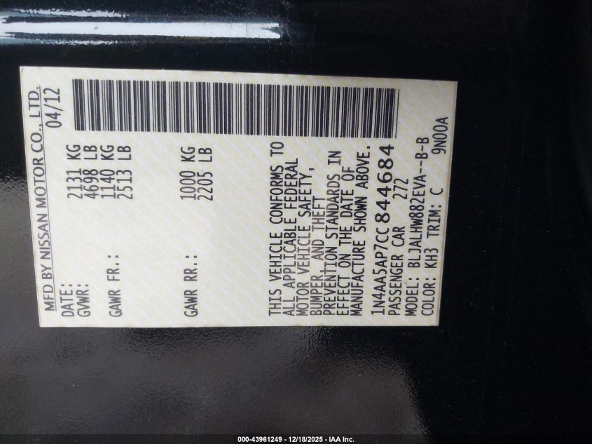 2012 Nissan Maxima 3.5 Sv VIN: 1N4AA5AP7CC844684 Lot: 43961249