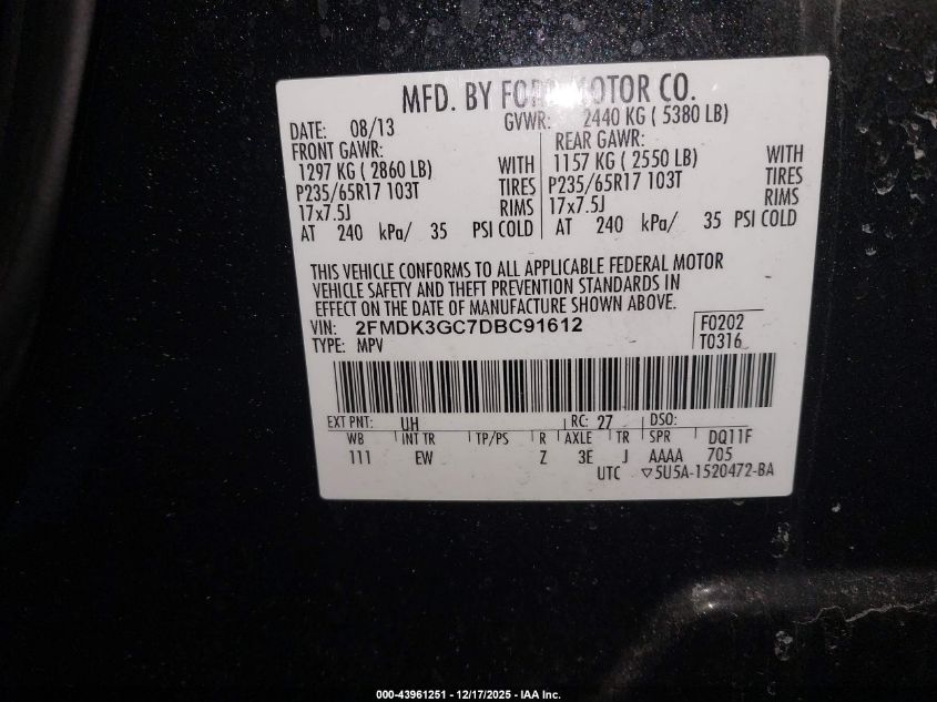 2013 Ford Edge Se VIN: 2FMDK3GC7DBC91612 Lot: 43961251