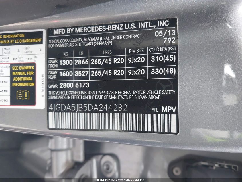 2013 Mercedes-Benz Ml 350 VIN: 4JGDA5JB5DA244282 Lot: 43961253