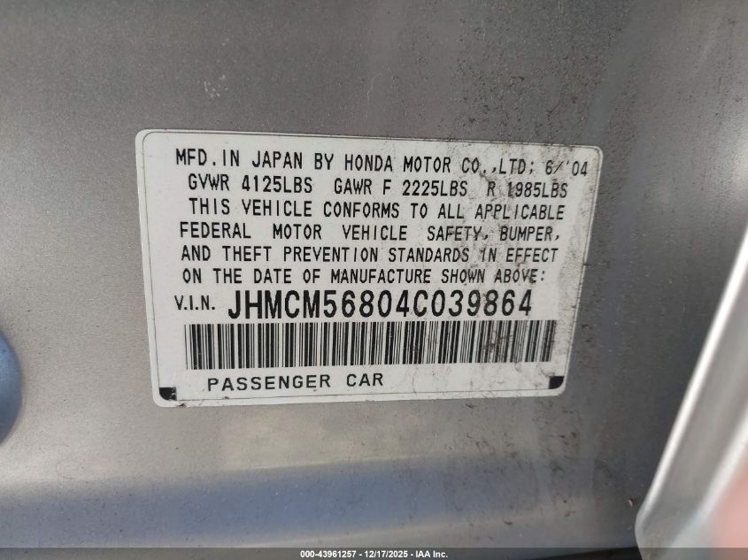 2004 Honda Accord 2.4 Ex VIN: JHMCM56804C039864 Lot: 43961257