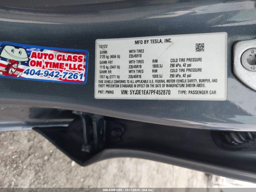 2023 Tesla Model 3 Rear-Wheel Drive VIN: 5YJ3E1EA7PF452870 Lot: 43961259