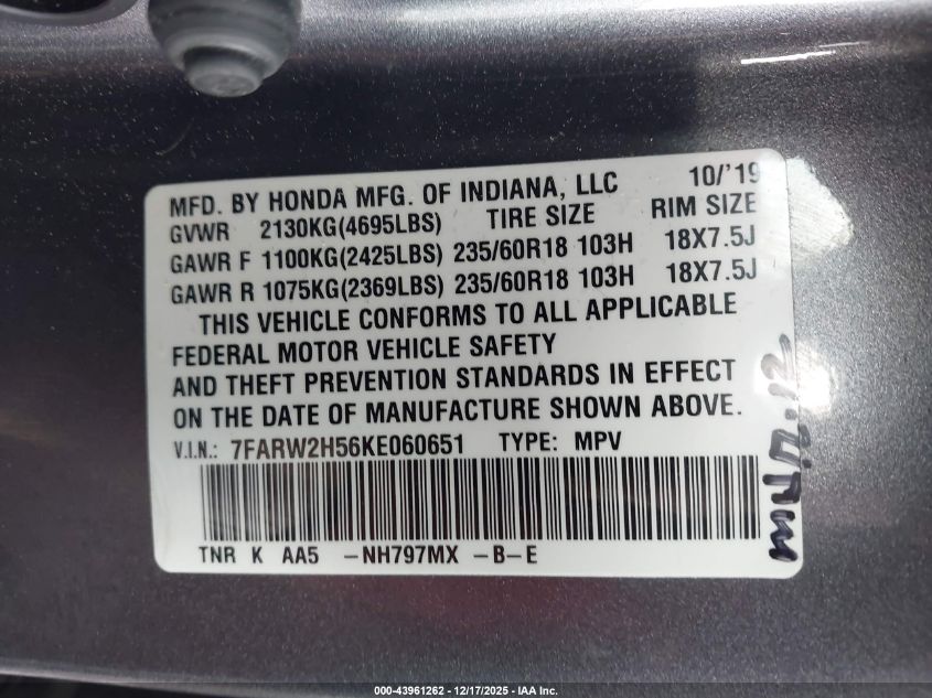 2019 Honda Cr-V Ex VIN: 7FARW2H56KE060651 Lot: 43961262