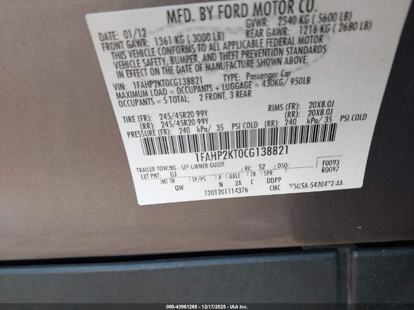 2012 Ford Taurus Sho VIN: 1FAHP2KT0CG138821 Lot: 43961265