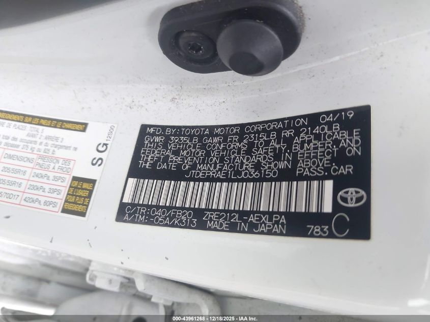 2020 Toyota Corolla Le VIN: JTDEPRAE1LJ036150 Lot: 43961268