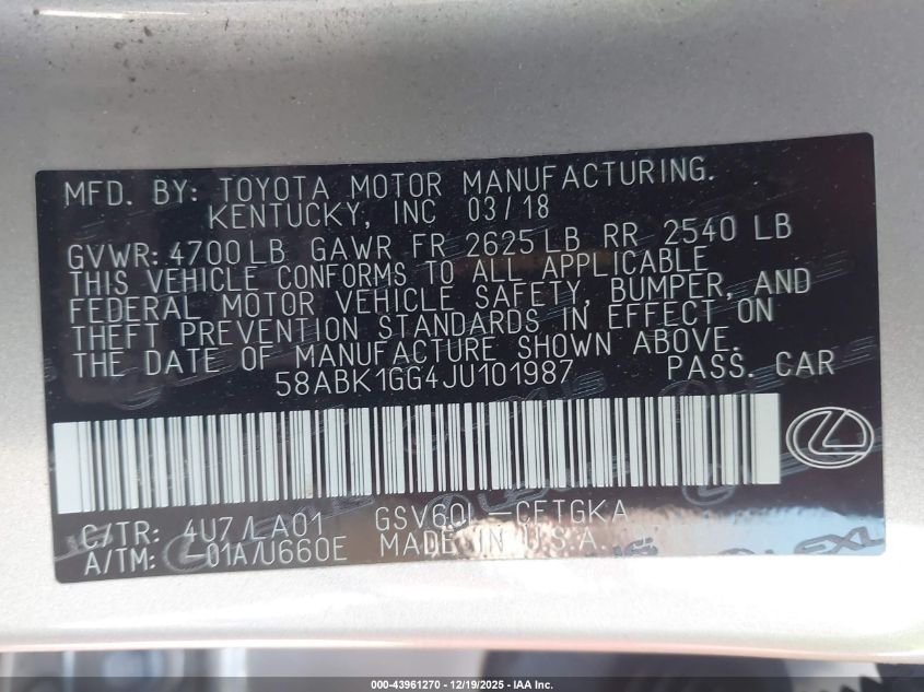 2018 Lexus Es 350 VIN: 58ABK1GG4JU101987 Lot: 43961270