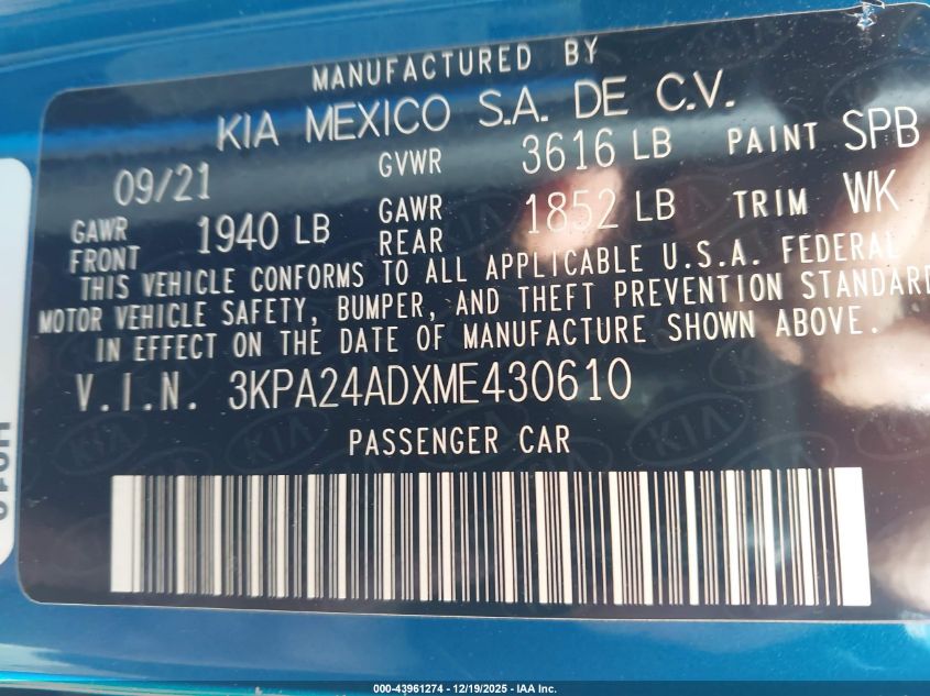 2021 Kia Rio S VIN: 3KPA24ADXME430610 Lot: 43961274