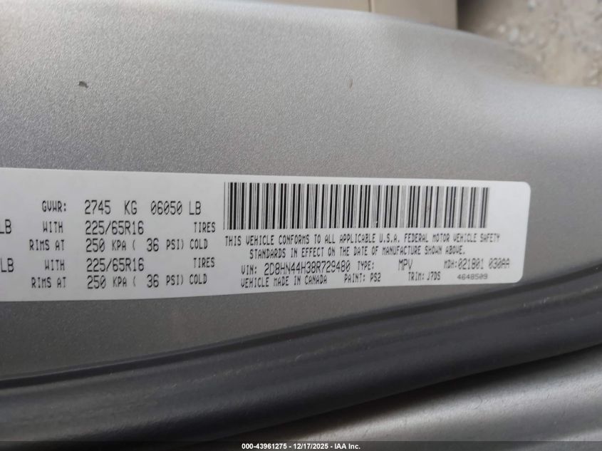 2008 Dodge Grand Caravan Se VIN: 2D8HN44H38R729480 Lot: 43961275