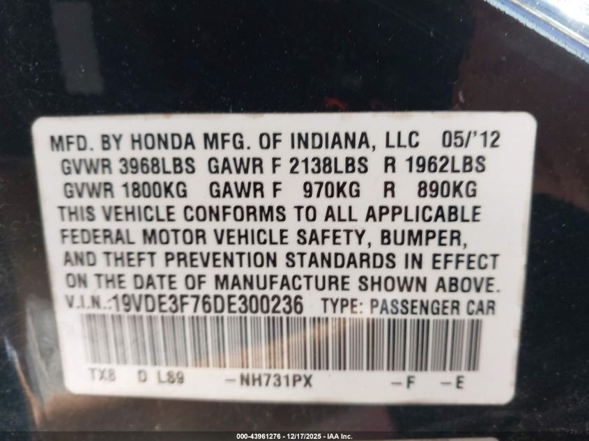 2013 Acura Ilx Hybrid 1.5L VIN: 19VDE3F76DE300236 Lot: 43961276