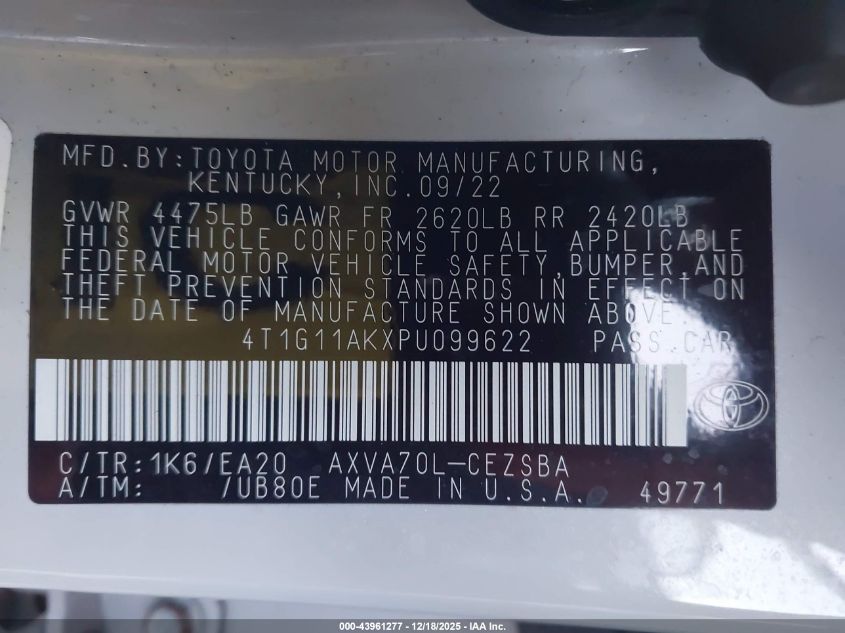 2023 Toyota Camry Se VIN: 4T1G11AKXPU099622 Lot: 43961277