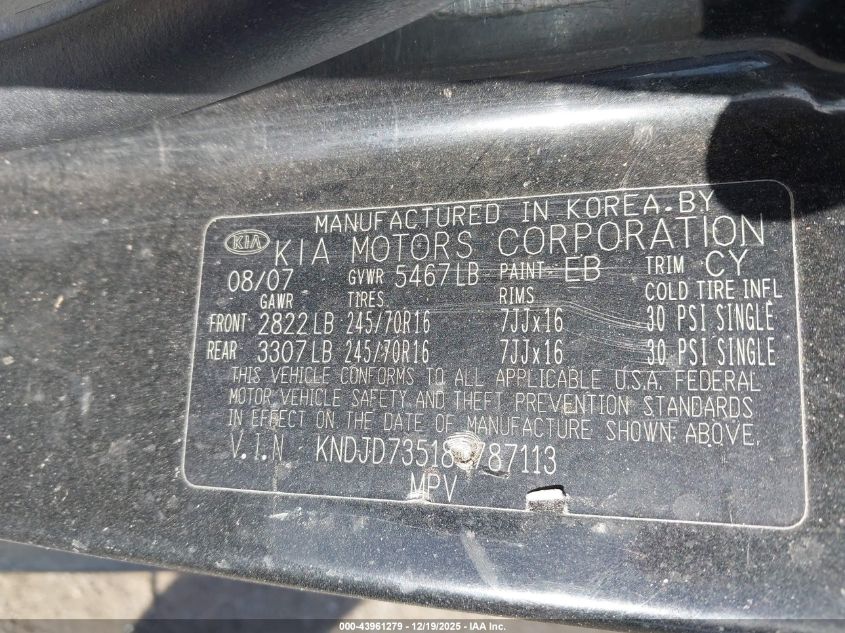 2008 Kia Sorento Lx VIN: KNDJD735185787113 Lot: 43961279