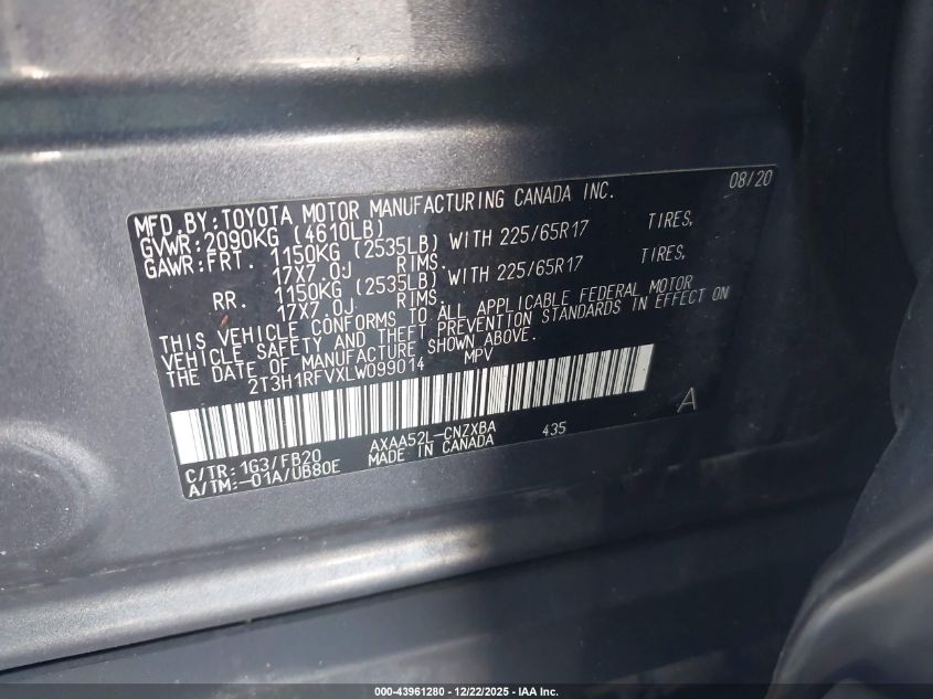 2020 Toyota Rav4 Le VIN: 2T3H1RFVXLW099014 Lot: 43961280