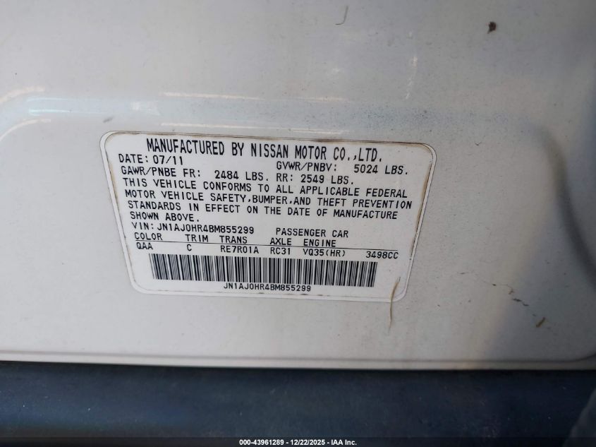 2011 Infiniti Ex35 Journey VIN: JN1AJ0HR4BM855299 Lot: 43961289