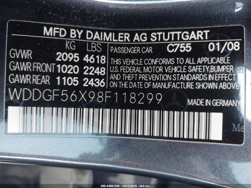 2008 Mercedes-Benz C 350 Sport VIN: WDDGF56X98F118299 Lot: 43961290