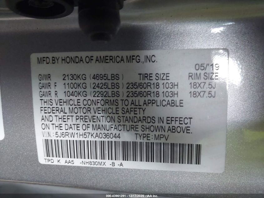 2019 Honda Cr-V Ex VIN: 5J6RW1H57KA036044 Lot: 43961291