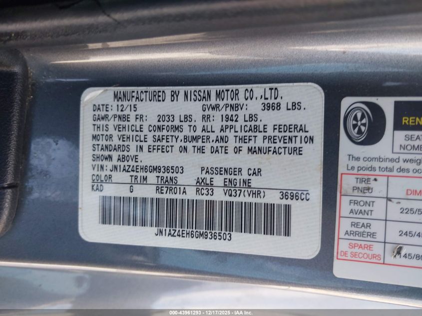 2016 Nissan 370Z VIN: JN1AZ4EH6GM936503 Lot: 43961293