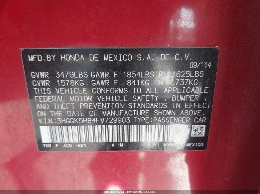 2015 Honda Fit Ex/Ex-L VIN: 3HGGK5H84FM729903 Lot: 43961294