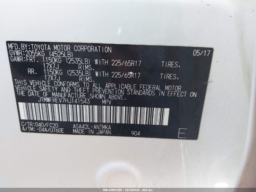 2017 Toyota Rav4 Xle VIN: JTMWFREV7HJ141543 Lot: 43961298