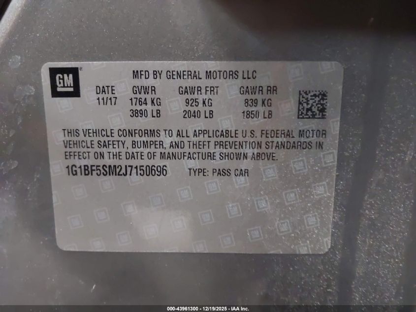 2018 Chevrolet Cruze Premier Auto VIN: 1G1BF5SM2J7150696 Lot: 43961300