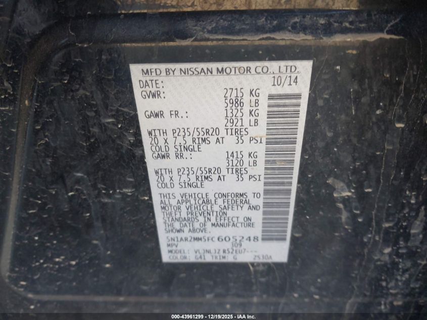 2015 Nissan Pathfinder Platinum VIN: 5N1AR2MM5FC605248 Lot: 43961299