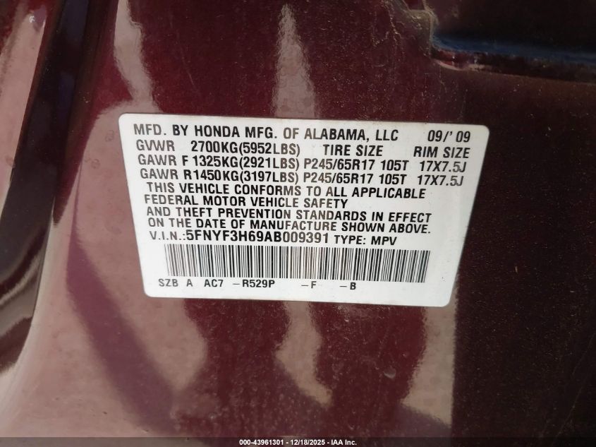 2010 Honda Pilot Ex-L VIN: 5FNYF3H69AB009391 Lot: 43961301