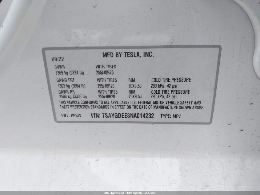 2022 Tesla Model Y Long Range Dual Motor All-Wheel Drive VIN: 7SAYGDEE8NA014232 Lot: 43961302