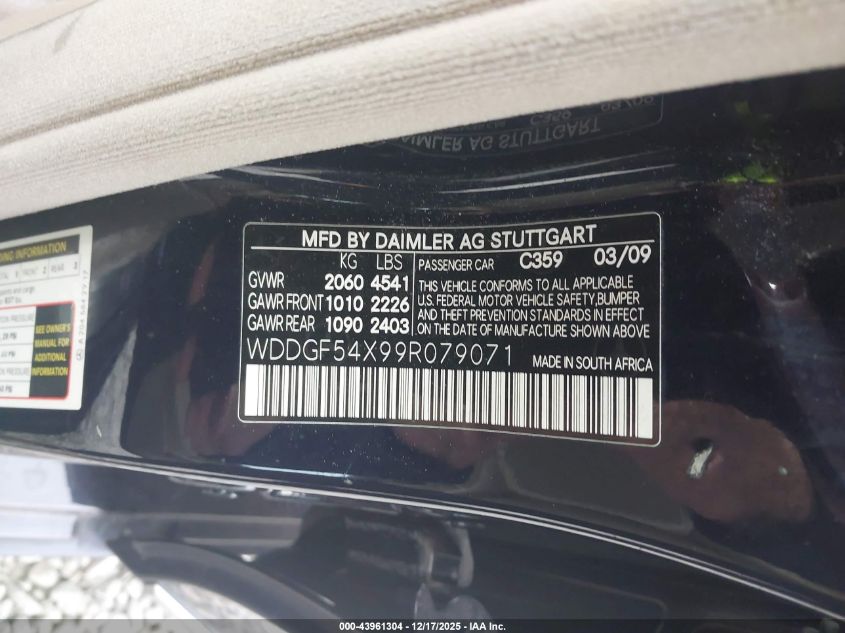 2009 Mercedes-Benz C 300 Luxury/Sport VIN: WDDGF54X99R079071 Lot: 43961304