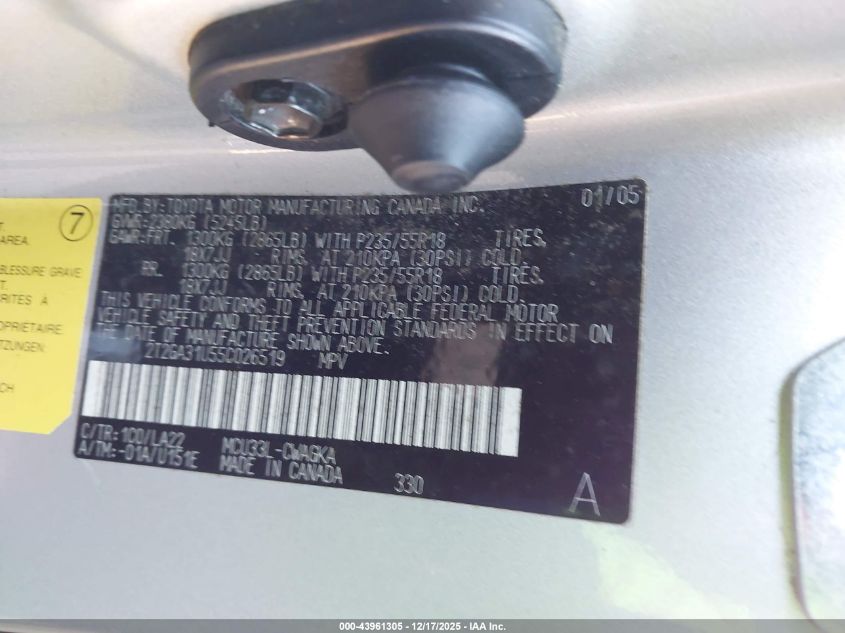 2005 Lexus Rx 330 VIN: 2T2GA31U55C026519 Lot: 43961305