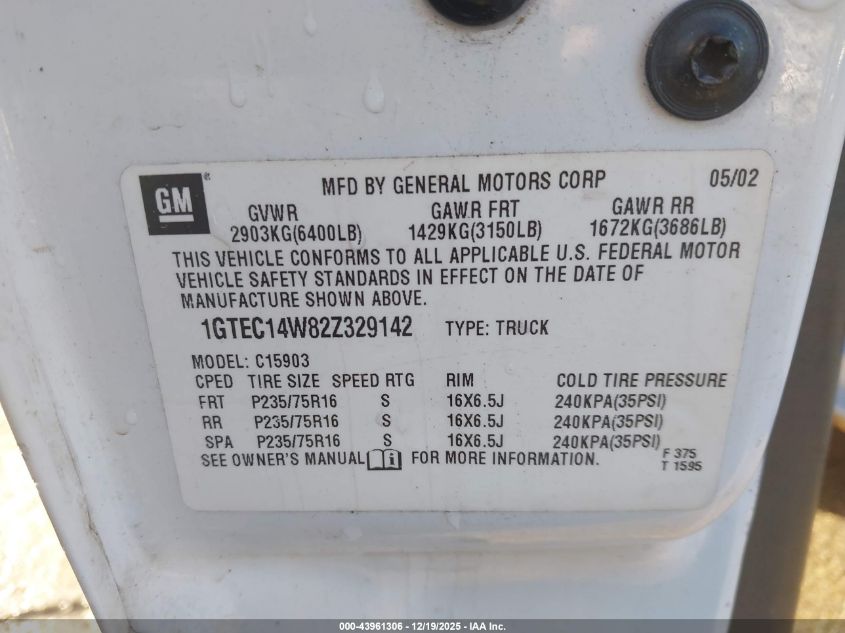 2002 GMC Sierra 1500 Standard VIN: 1GTEC14W82Z329142 Lot: 43961306
