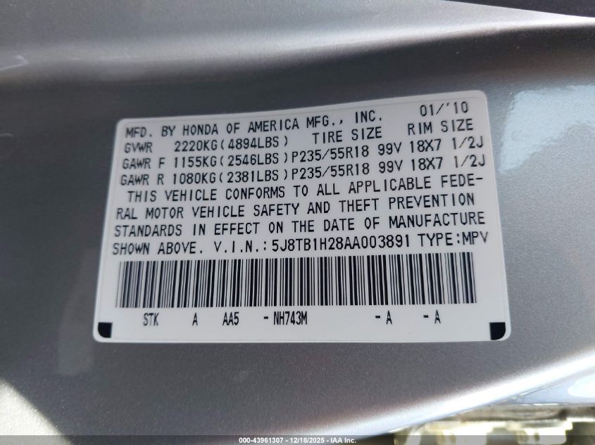 2010 Acura Rdx VIN: 5J8TB1H28AA003891 Lot: 43961307