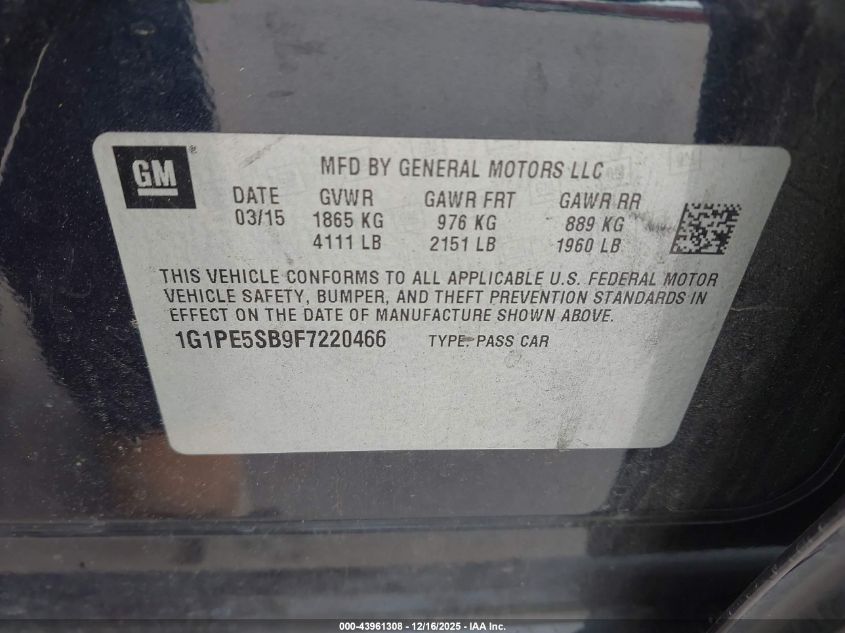 2015 Chevrolet Cruze 2Lt Auto VIN: 1G1PE5SB9F7220466 Lot: 43961308