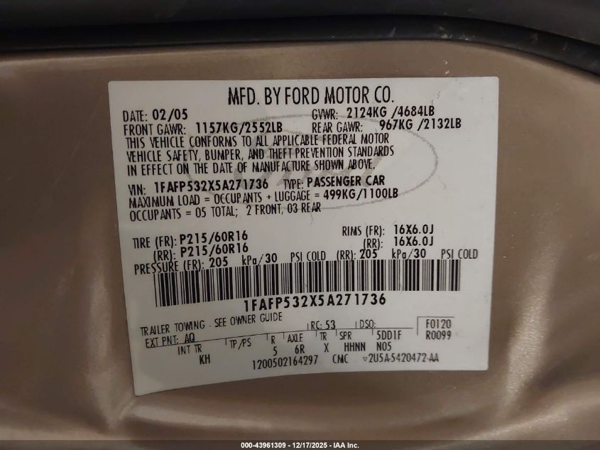 2005 Ford Taurus Se VIN: 1FAFP532X5A271736 Lot: 43961309