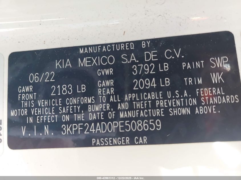 2023 Kia Forte Lxs VIN: 3KPF24AD0PE508659 Lot: 43961312