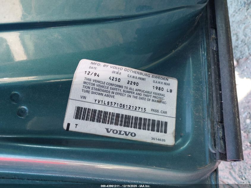 1995 Volvo 850 VIN: YV1LS5710S1212715 Lot: 43961311