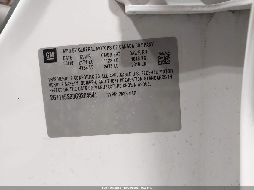 2016 Chevrolet Impala 2Lz VIN: 2G1145S33G9204541 Lot: 43961313