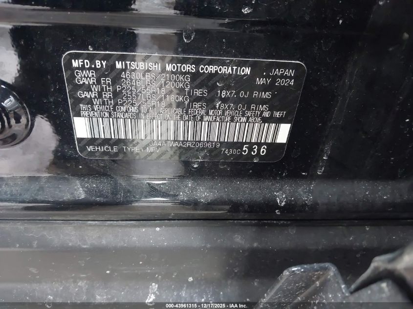 2024 Mitsubishi Eclipse Cross Se S-Awc/Sel S-Awc VIN: JA4ATWAA2RZ069619 Lot: 43961315