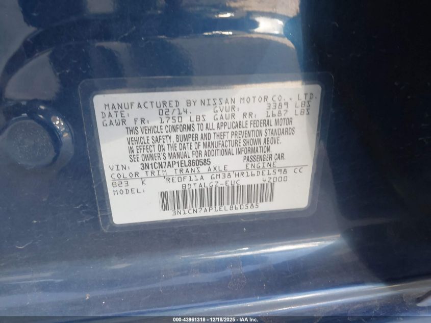 2014 Nissan Versa 1.6 Sl VIN: 3N1CN7AP1EL860585 Lot: 43961318