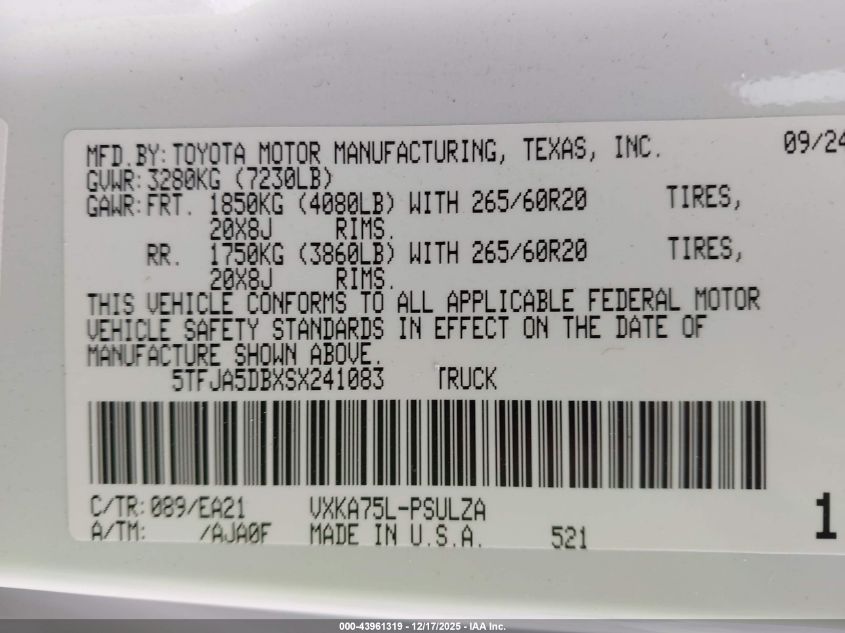 2025 Toyota Tundra Limited VIN: 5TFJA5DBXSX241083 Lot: 43961319