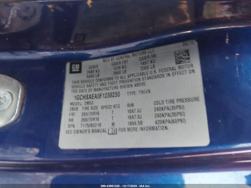 2015 Chevrolet Colorado Wt VIN: 1GCHSAEA0F1238230 Lot: 43961328