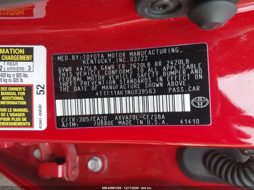 2022 Toyota Camry Se VIN: 4T1T11AK1NU039563 Lot: 43961329