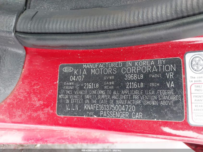 2007 Kia Spectra5 Sx VIN: KNAFE161375004720 Lot: 43961330