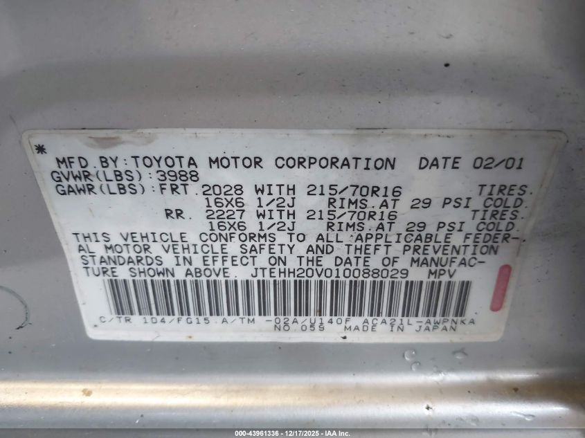 2001 Toyota Rav4 VIN: JTEHH20V010088029 Lot: 43961336