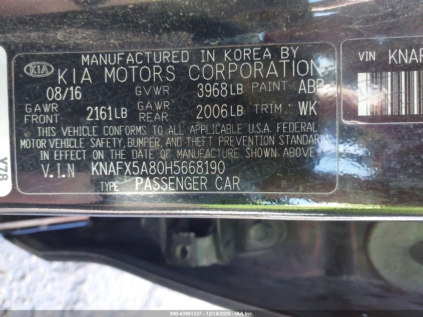 2017 Kia Forte Ex VIN: KNAFX5A80H5668190 Lot: 43961337