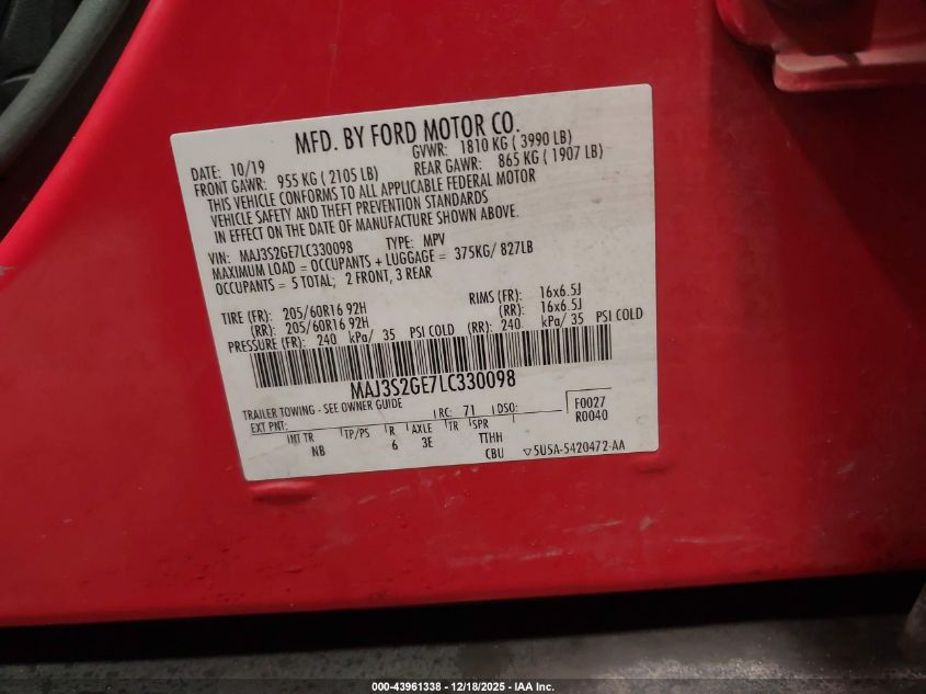 2020 Ford Ecosport Se VIN: MAJ3S2GE7LC330098 Lot: 43961338