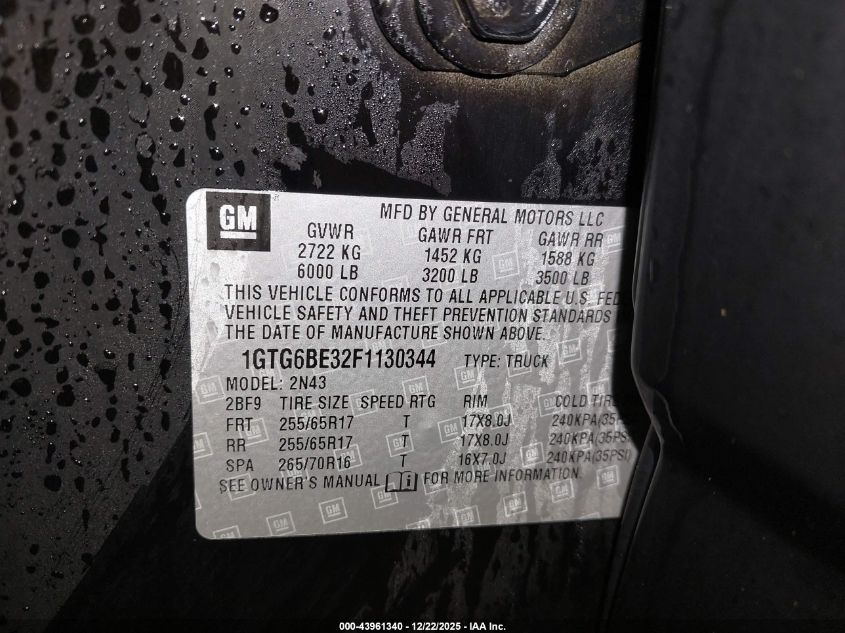 2015 GMC Canyon Sle VIN: 1GTG6BE32F1130344 Lot: 43961340