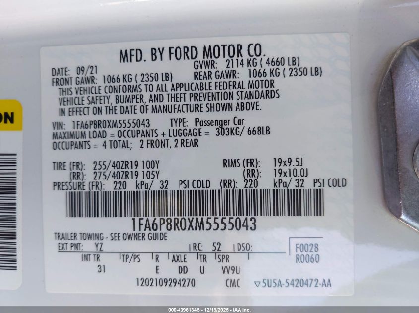 2021 Ford Mustang Mach 1 Fastback VIN: 1FA6P8R0XM5555043 Lot: 43961345