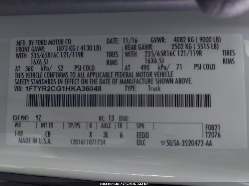 2017 Ford Transit-250 VIN: 1FTYR2CG1HKA36048 Lot: 43961348